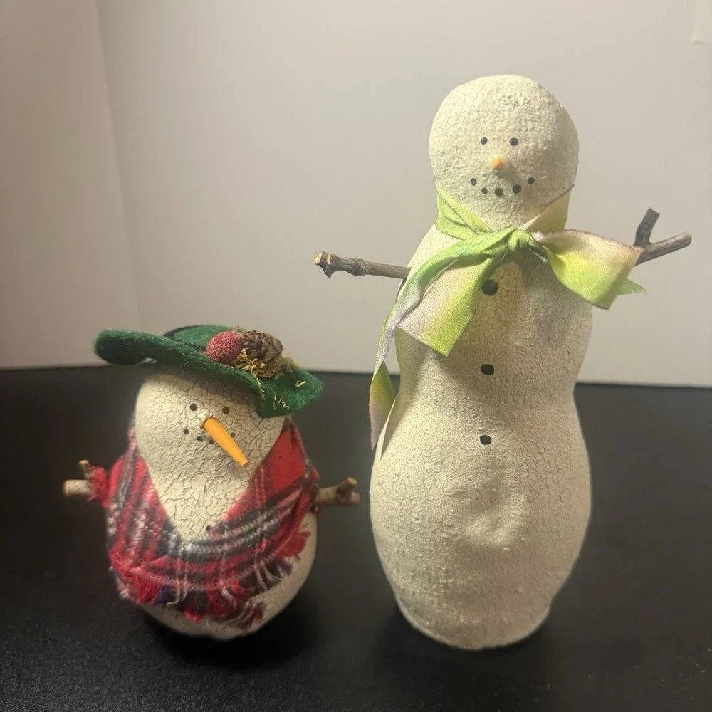 Vintage Natalie Silitch Folk Art Hunter Snowman Figurines Set Of 2